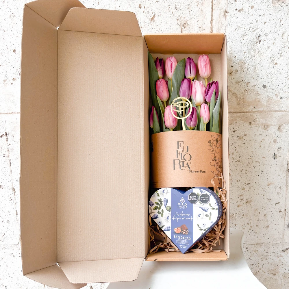 CAJA CON 12 TULIPANES EDICION EUFLORIA + CHOCOLATE LINAJE — tulipan