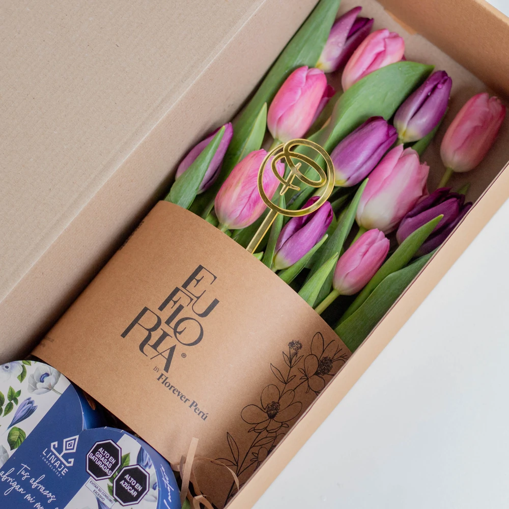 CAJA CON 12 TULIPANES EDICION EUFLORIA + CHOCOLATE LINAJE