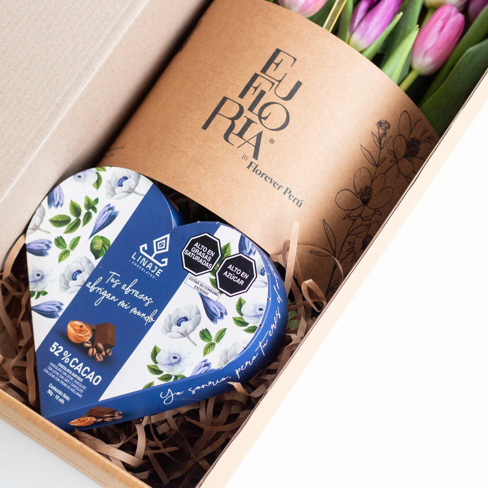 CAJA CON 12 TULIPANES EDICION EUFLORIA + CHOCOLATE LINAJE — tulipan