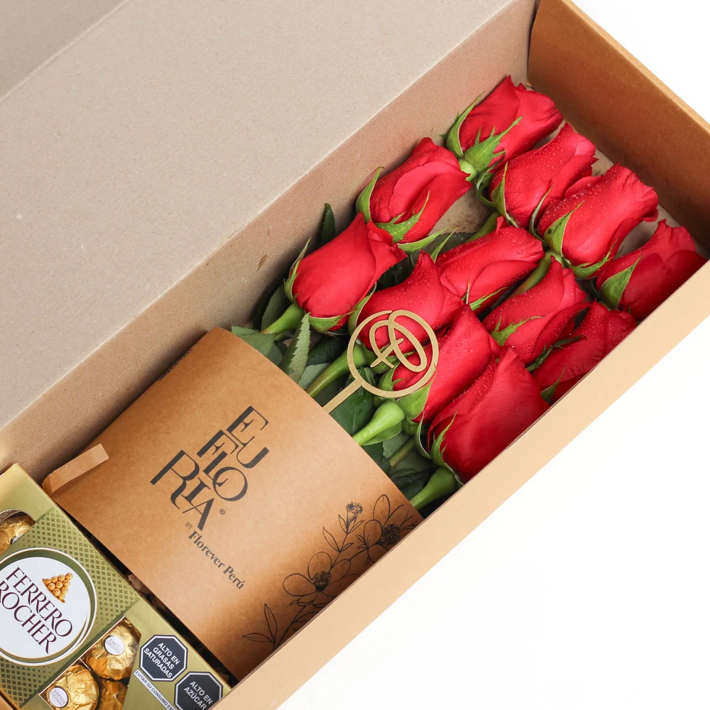 CAJA CON 12 ROSAS EDICION EUFLORIA + FERRERO ROCHER